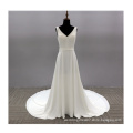 Customized simple style satin embroidery beaded long train white bridal gowns wedding dress